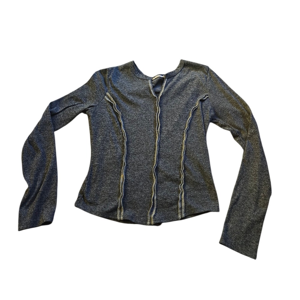 LUSH Ribbed Knit Long Sleeve Top‎ Seamed Detail Cutout Neck Charcoal Grey M